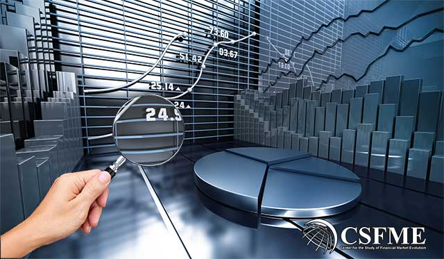 CSFME research depiction with hand holding magnifying glass observing financial graphs. Center for the Study of Financial Market Evolution.