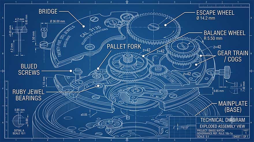 Technical exploded-view diagram of a Swiss mechanical watch movement showing the bridge, escape wheel, balance wheel, gear train, pallet fork, ruby jewel bearings, blued screws, and mainplate.